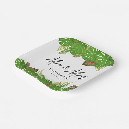 Modern Tropical Blätter Script Wedding Pappteller (Gewinkelt)