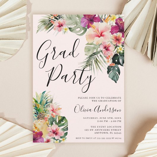 Modern Tropical Floral Pink Graduation Party Einladung
