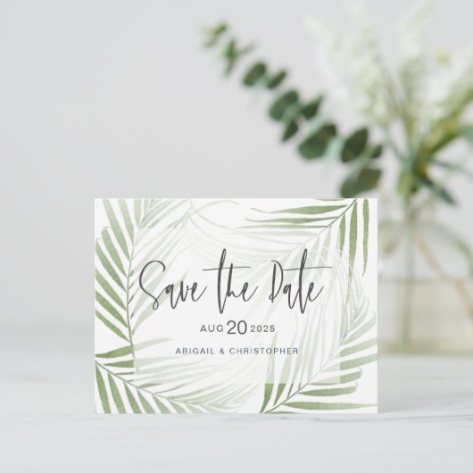 Modern Tropical Foliage Sage Green Save the Date Postkarte (Stehend Vorderseite)