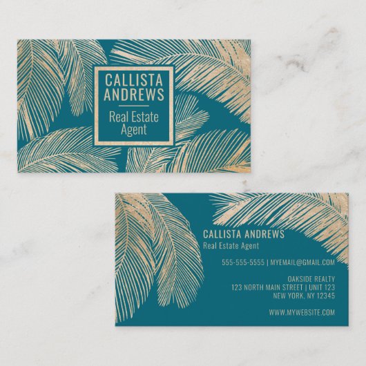 Modern Tropical Gold Aquamarin Blue Palm Tree Leaf Visitenkarte (Vorne/Hinten)