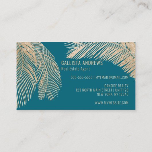 Modern Tropical Gold Aquamarin Blue Palm Tree Leaf Visitenkarte (Rückseite)