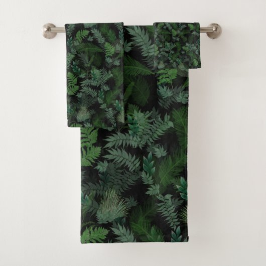 Modern tropical green foliage Black pattern Badhandtuch Set (Insitu)