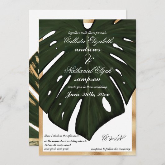 Modern Tropical Green Gold Monstera Leaf Wedding Einladung (Vorne/Hinten)