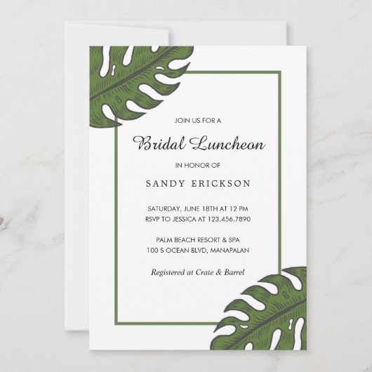Modern Tropical Green Palm Leaf Bridal Luncheon Einladung (Vorderseite)