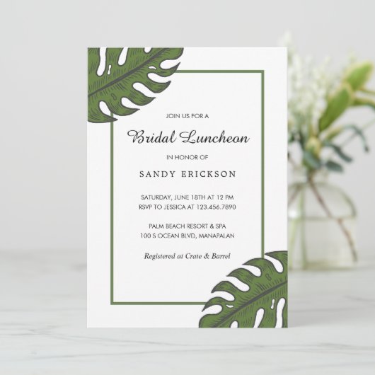 Modern Tropical Green Palm Leaf Bridal Luncheon Einladung (Stehend Vorderseite)