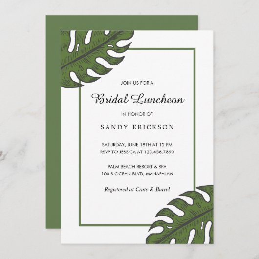 Modern Tropical Green Palm Leaf Bridal Luncheon Einladung (Vorne/Hinten)