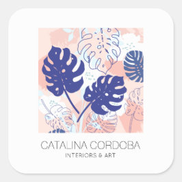 Modern Tropical Monstera Leaf Muster Peach/Blau Quadratischer Aufkleber