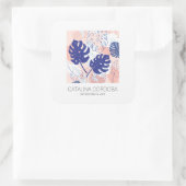 Modern Tropical Monstera Leaf Muster Peach/Blau Quadratischer Aufkleber (Tasche)