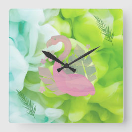 Modern Tropical Pink Flamingo and Palms Quadratische Wanduhr
