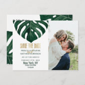 Modern Tropical Swiss Cheese Leaf Gold Rett Datum Postkarte (Vorne/Hinten)