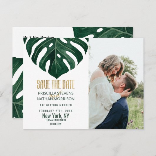 Modern Tropical Swiss Cheese Leaf Gold Rett Datum Postkarte (Vorne/Hinten)