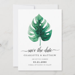 Modern Tropical Watercolor Green Monstera Leaf Save The Date