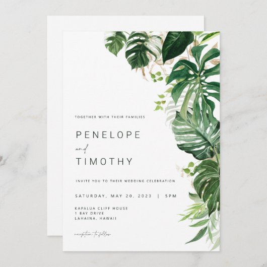 Modern Tropical Wedding Einladung Monstera Blätter (Vorne/Hinten)