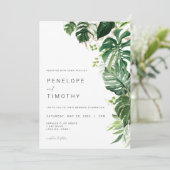 Modern Tropical Wedding Einladung Monstera Blätter (Stehend Vorderseite)
