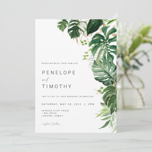 Modern Tropical Wedding Einladung Monstera Blätter (Stehend Vorderseite)