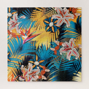 Modern Tropical Yellow Blue Palm Leaves Lilies Puzzle