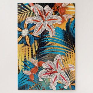 Modern Tropical Yellow Blue Palm Leaves Lilies Puzzle