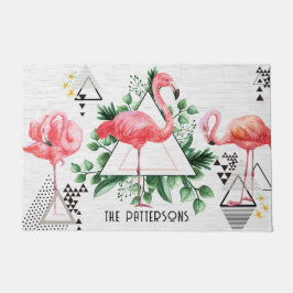 Modern tropischer Flamingo Geometric Familienname Fußmatte