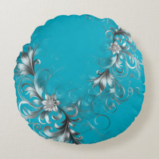 Modern Turquoise Blue with Ornate Silver Rundes Kissen