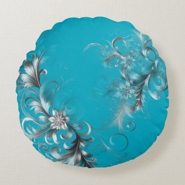Modern Turquoise Blue with Ornate Silver Rundes Kissen (Vorderseite)