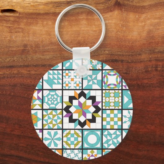 Modern Turquoise Sampler Quilt Pattern Schlüsselanhänger (Vorderseite)