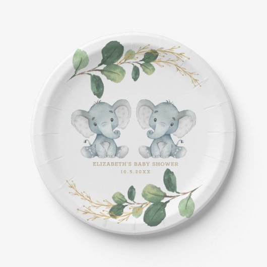 Modern Twin Elephant Greenery Gold Baby Dusche Pappteller (Vorderseite)