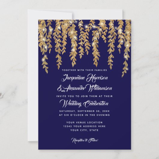 Modern Twinkle Lights Willow Tree Blätter Navy Gol Einladung (Vorderseite)