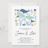 Modern Twins Foto Sea Creatures Boys 1st Birthday Einladung (Vorderseite)