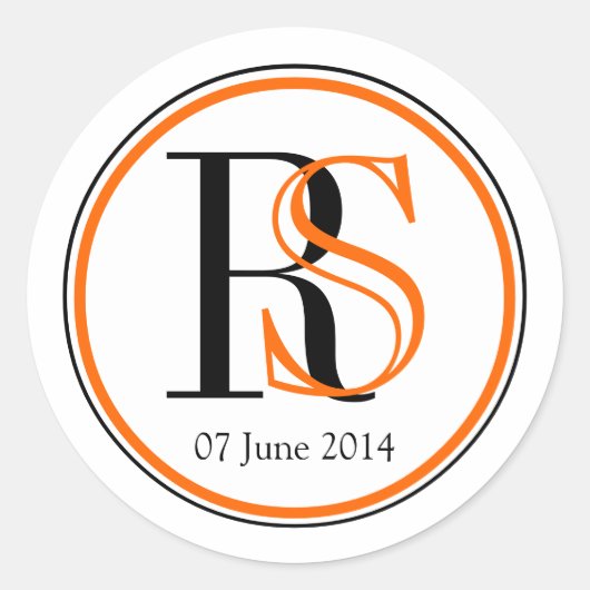Modern Two Initials Orange Black Wedding Runder Aufkleber (Vorderseite)