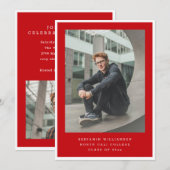 Modern Two Photo Red and White Graduation Party Einladung (Vorne/Hinten)