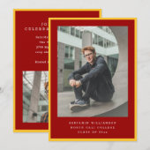 Modern Two Photo Red and Yellow Graduation Party Einladung (Vorne/Hinten)