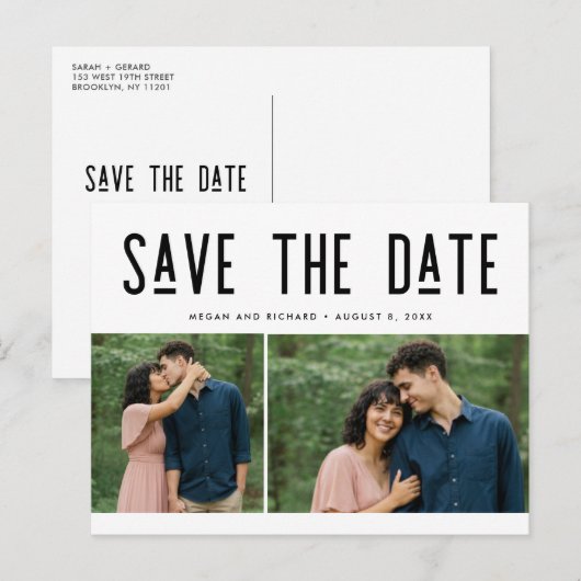 Modern Two Photo Wedding Save the Date Postcard Ankündigungspostkarte (Vorne/Hinten)