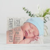 Modern Type Baby Boy Photo Gray Text Birth Ankündigung (Stehend Vorderseite)