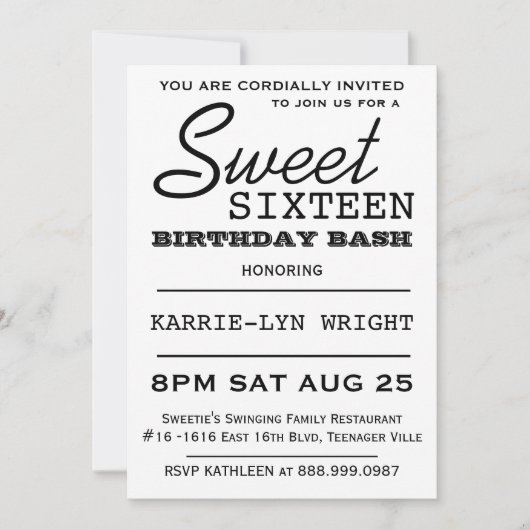 Modern Typografie Poster Style Sweet 16 Party Einladung (Vorderseite)
