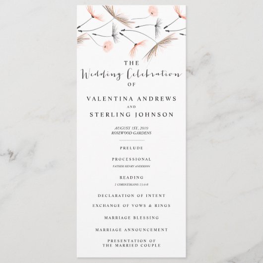 Modern Typografy Dandelion Wedding Program Card Programm (Vorderseite)