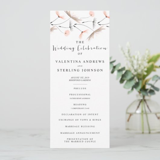 Modern Typografy Dandelion Wedding Program Card Programm (Stehend Vorderseite)