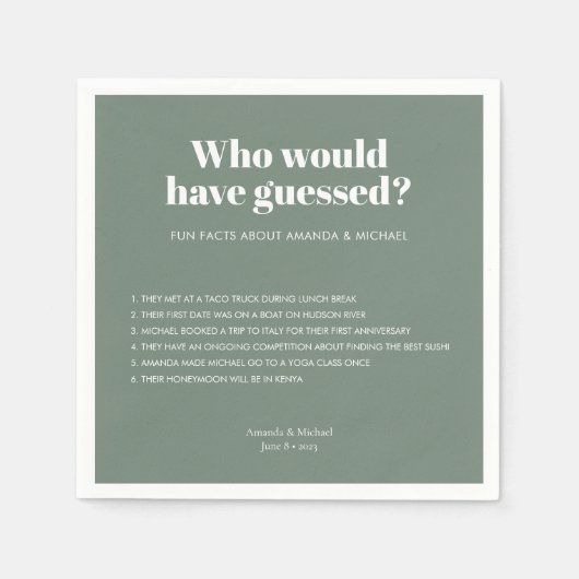 Modern Typografy Sage Green Wedding Fun Fakten Serviette (Vorderseite)
