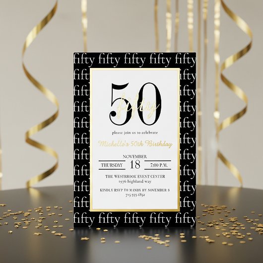 Modern Typography 50th Birthday Party Black Gold Folieneinladung