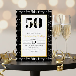 Modern Typography 50th Birthday Party Black Gold Folieneinladung