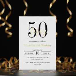 Modern Typography 50th Birthday White Black Gold Folieneinladung