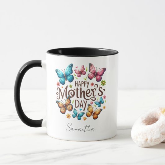 Modern Typography Happy Mothers Day Custom Name Tasse (Mit Donut)