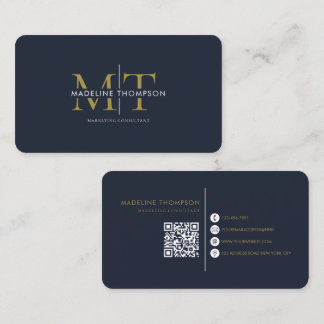 Modern Typography Monogram Navy Blue Gold QR code Visitenkarte