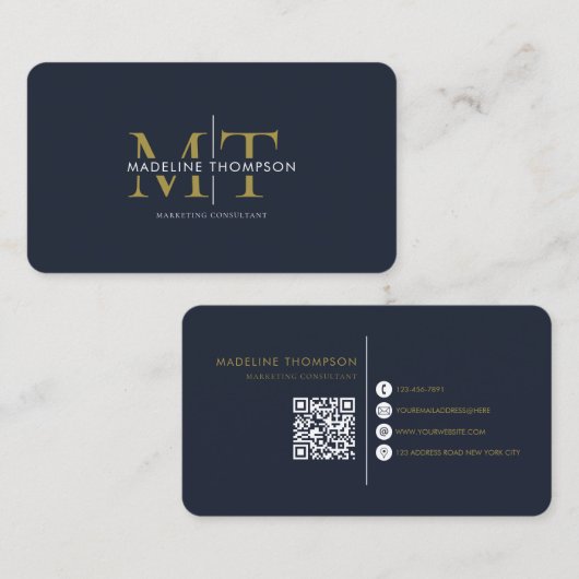 Modern Typography Monogram Navy Blue Gold QR code Visitenkarte (Vorne/Hinten)