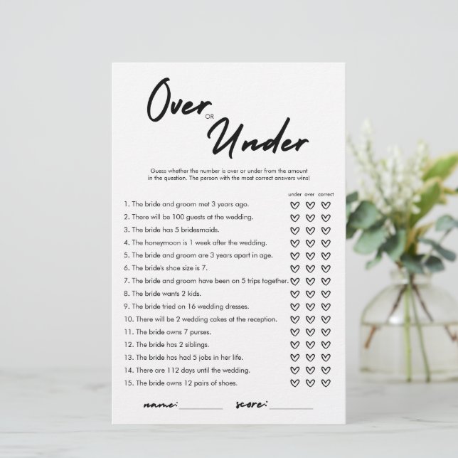 Modern über oder unter Brautparty Game Card (Stehend Vorderseite)