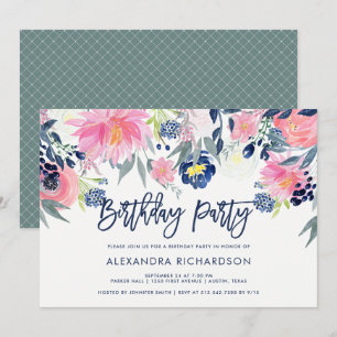 Modern und Marine-erröten Blumengeburtstags-Party Einladung