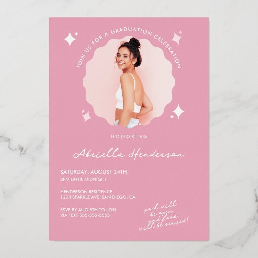 Modern und Retro-rosa Sparkle Abschluss Folieneinladung (Rückseite)