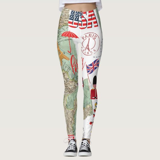 Modern Unique Design World Maps USA Traveller Leggings (Vorderseite)