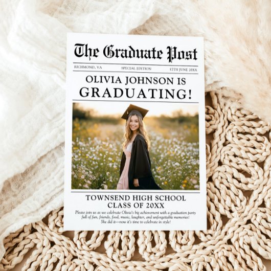 Modern Unique Fun Foto Newspaper Abschluss Einladung