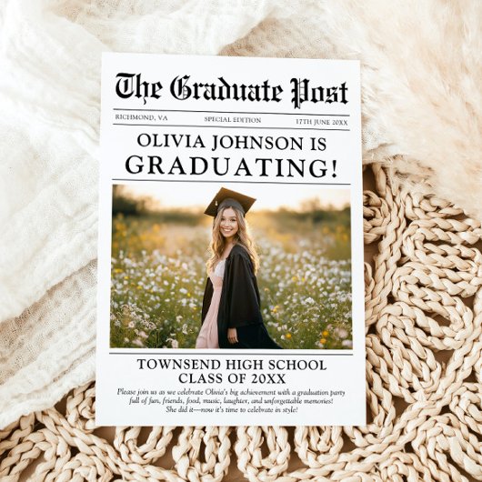 Modern Unique Fun Foto Newspaper Abschluss Einladung