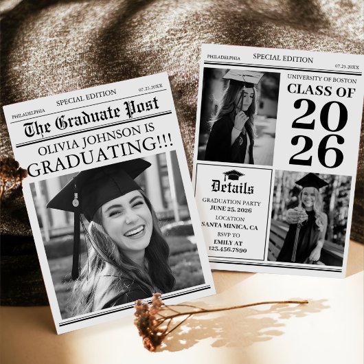 Modern Unique Fun Photo Newspaper Graduation Einladung